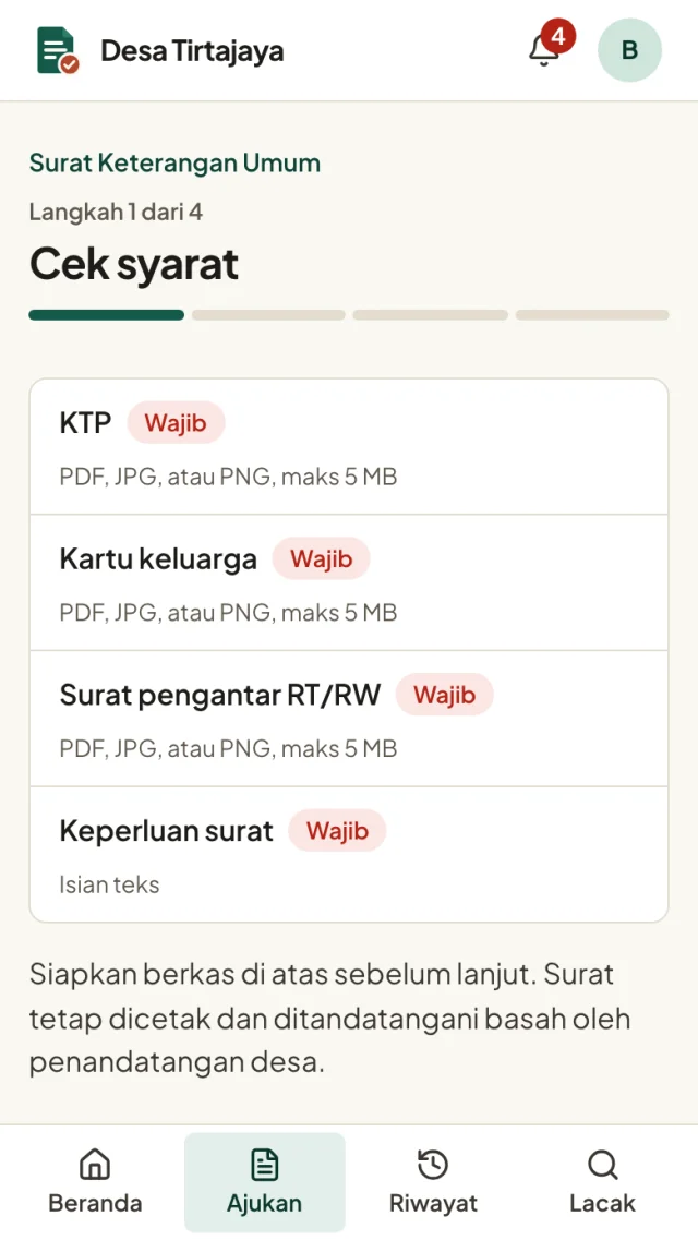 Layar HP warga, langkah 1 dari 4 mengajukan Surat Keterangan Umum: daftar syarat wajib KTP, kartu keluarga, surat pengantar RT/RW, dan keperluan surat, masing-masing dengan format berkas yang diterima.
