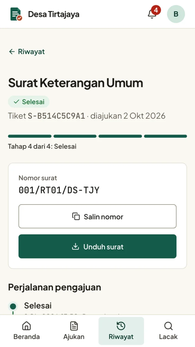 Layar HP warga: Surat Keterangan Umum berstatus Selesai, tahap 4 dari 4, nomor surat 001/RT01/DS-TJY, tombol Salin nomor dan Unduh surat.
