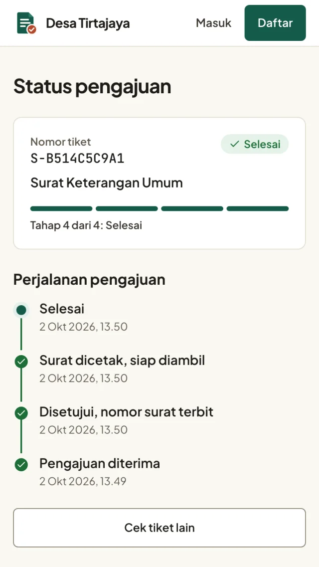 Halaman lacak publik di HP: tiket S-B514C5C9A1, Surat Keterangan Umum, status Selesai tahap 4 dari 4, dengan perjalanan pengajuan dari diterima, disetujui dan nomor terbit, dicetak, sampai selesai.
