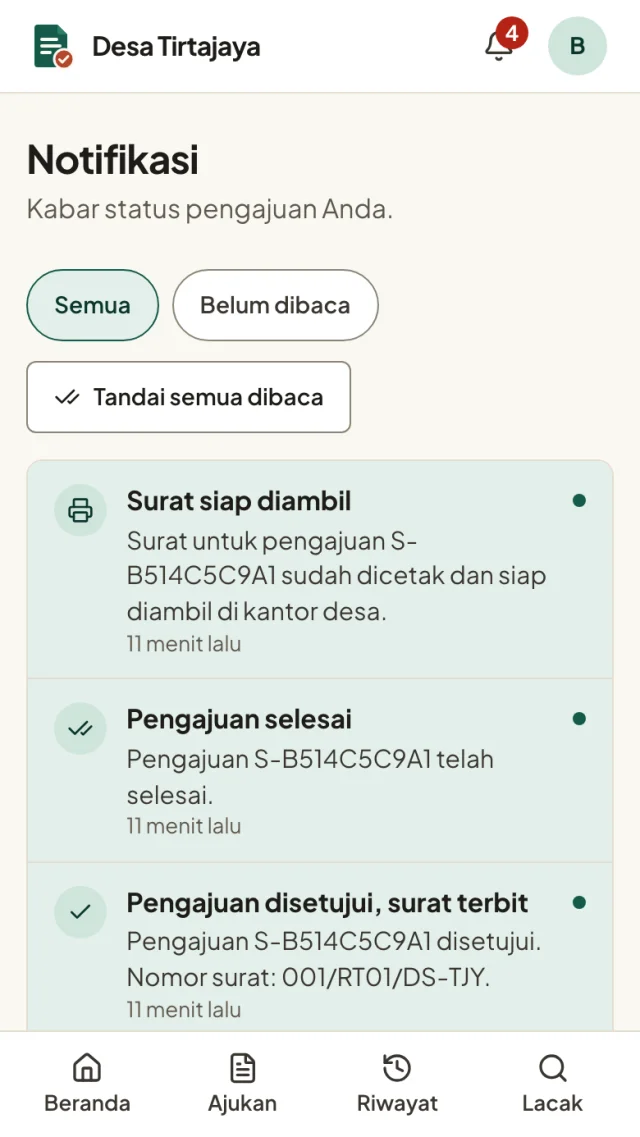 Layar HP warga, halaman Notifikasi: surat siap diambil di kantor desa, pengajuan selesai, dan pengajuan disetujui dengan nomor surat 001/RT01/DS-TJY.