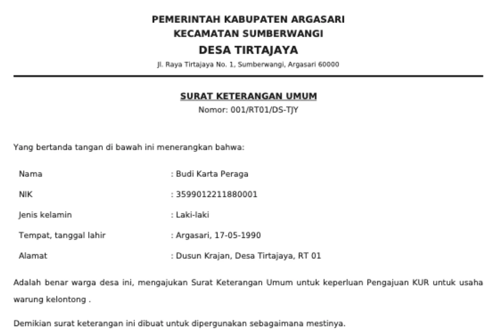 PDF Surat Keterangan Umum dengan kop Pemerintah Kabupaten Argasari, Kecamatan Sumberwangi, Desa Tirtajaya, nomor 001/RT01/DS-TJY, lalu nama, NIK, jenis kelamin, tempat tanggal lahir, alamat, dan keperluan pemohon.