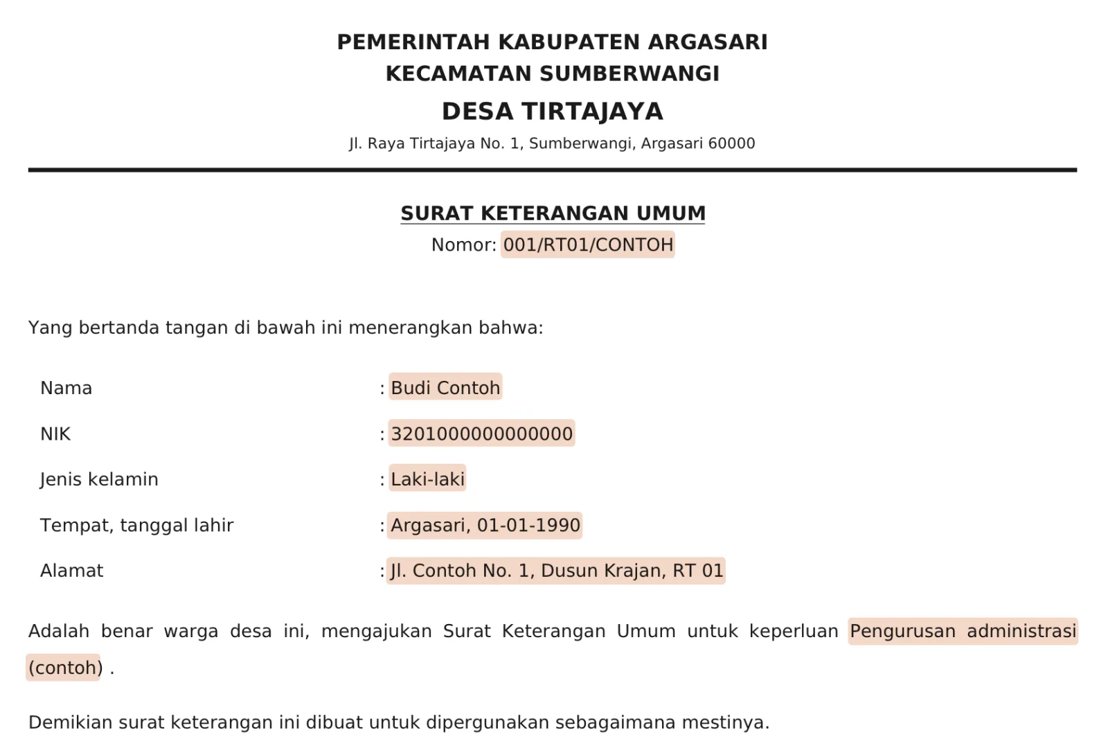 Pratinjau PDF template Surat Keterangan Umum: kop Desa Tirtajaya, lalu nomor 001/RT01/CONTOH, nama Budi Contoh, NIK, jenis kelamin, tempat dan tanggal lahir, alamat, dan keperluan yang terisi sendiri, ditandai warna.