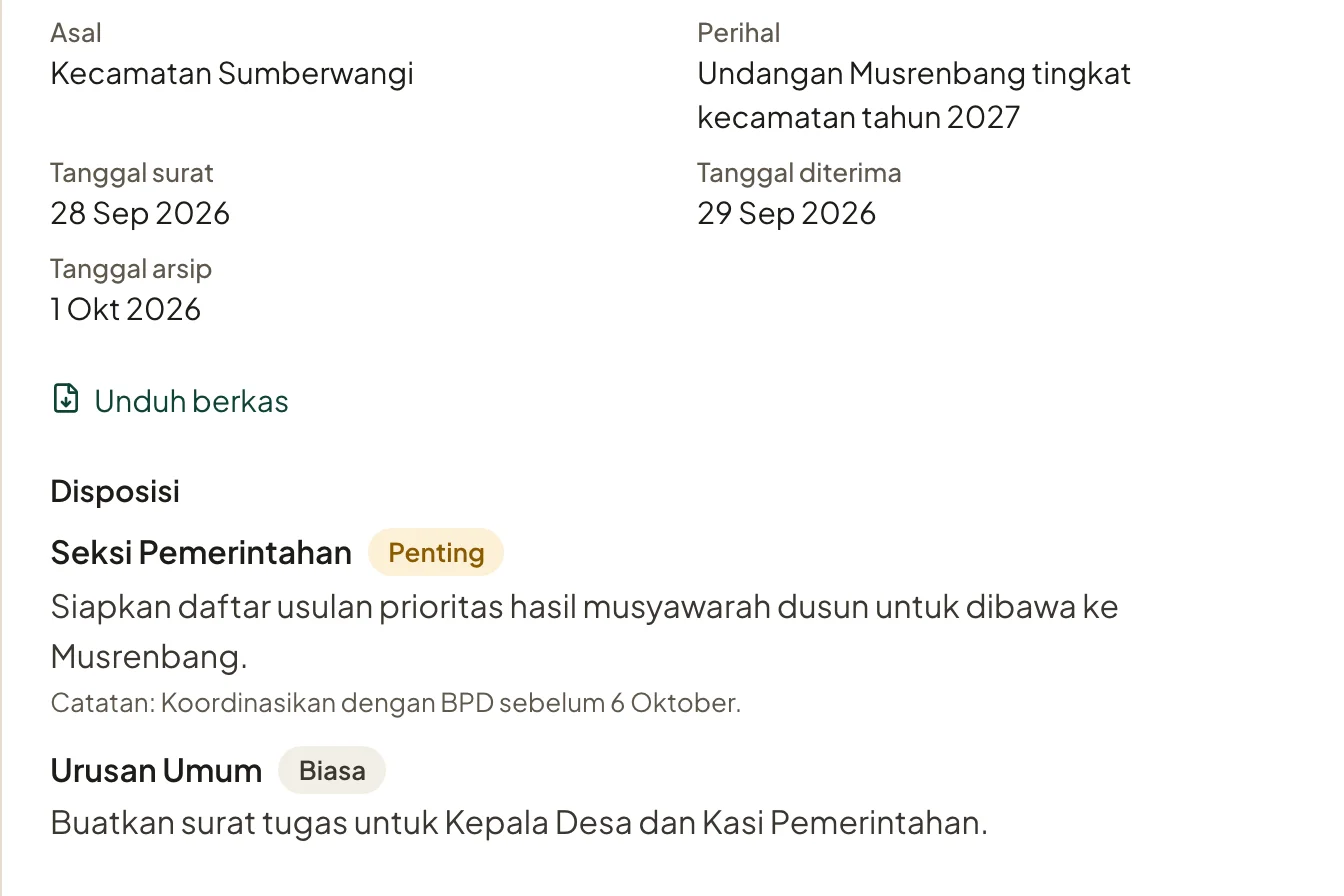 Detail surat masuk dari Kecamatan Sumberwangi perihal Undangan Musrenbang tingkat kecamatan tahun 2027: tanggal surat 28 Sep 2026, diterima 29 Sep 2026, diarsipkan 1 Okt 2026, tautan Unduh berkas, dan dua disposisi, ke Seksi Pemerintahan bersifat Penting dengan catatan dan ke Urusan Umum bersifat Biasa.
